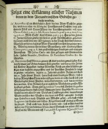 Folget eine Erklärung etlicher Nahmen deren in dem Alexandrinischen Gedichte gedacht worden.