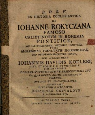 Ex historia ecclesiastica de Johanne Rokyczana famoso Calixtinorum in Bohemia pontifice