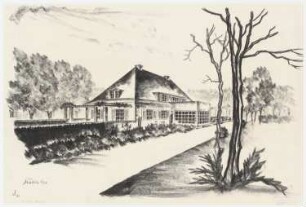 Garten am Landhaus Massolle, Berlin-Kladow: Perspektivische Ansicht mit Südwestansicht vom Wohnhaus im umgebenden Gartenbereich (mit Terrassen und Pergola)