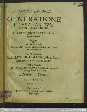 Theses medicae de generatione et usu partium eidem inservientium