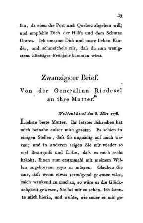 20. Von der Generalinn Riedesel an ihre Mutter - Wolfenbüttel den 8. März 1776.