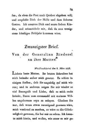 20. Von der Generalinn Riedesel an ihre Mutter - Wolfenbüttel den 8. März 1776.