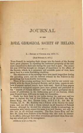 Journal of the Royal Geological Society of Ireland, 3. 1870/73 (1873) = N.S., Vol. 13
