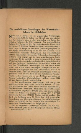 Die natürlichen Grundlagen des Wirtschaftslebens in Südafrika.