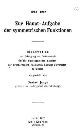 Zur Haupt-Aufgabe der symmetrischen Funktionen