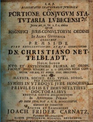 Diss. inaug. ... de portione coniugum statutaria Lubecensi