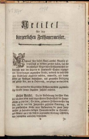 Artikel für die bürgerlichen Feilhauermeister : Gegeben ob dem königl. Prager Schlosse den 29sten Jänner 1778