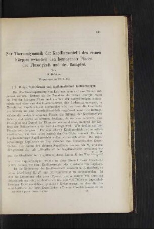 Zur Thermodynamik der Kapillarschicht des reinen Körpers zwischen den homogenen Phasen der Flüssigkeit und des Dampfes.