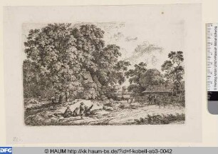 Dorf mit Fahrweg und Wanderer