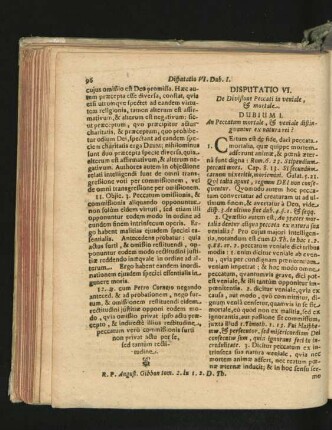 Disputatio VI. De Divisione Peccati in veniale, & mortale.