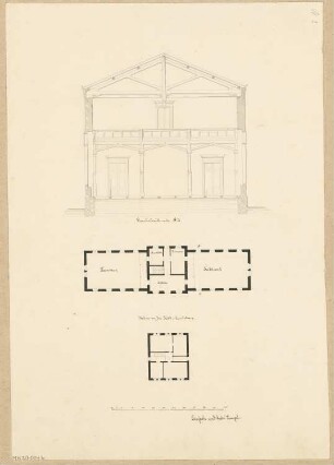 Turn- und Fechtanstalt Monatskonkurrenz Februar 1848: Grundriss Erdgeschoss, Obergeschoss, Querschnitt; Maßstabsleiste