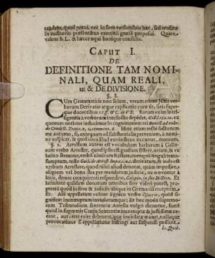 Caput I. De Definitione Tam Nominali, Quam Reali, ut & De Divisione.