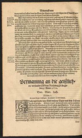 Vermanung an die geistlichen/ versamlet auff dem Reichstag zu Augsburg/ Anno 1530.