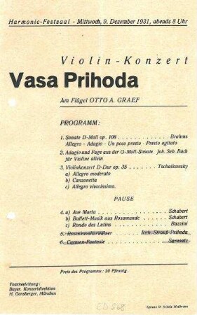 Programmzettel zu einem Violin-Konzert mit Vasa Prihoda im Harmonie-Festsaal