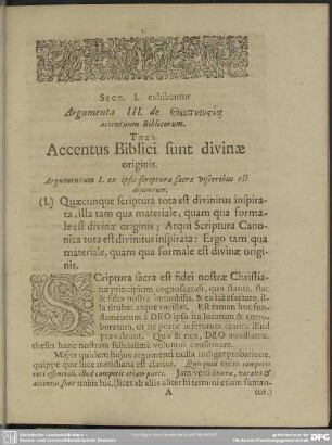 Sect. I. exhibentur Argumenta III. de Theopneusia accentuum Biblicorum