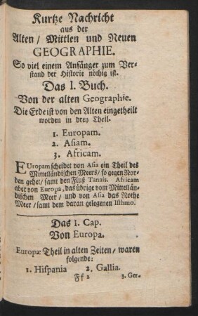 Kurtze Nachricht aus der Alten, Mittlen und Neuen Geographie.