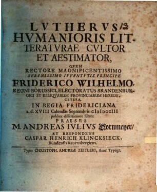 Lutherus humanioris litteraturae cultor et aestimator