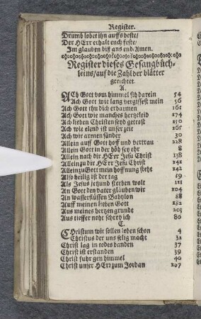 Register dieses Gesangbüchlein / auf die Zahl der blätter gerichtet.