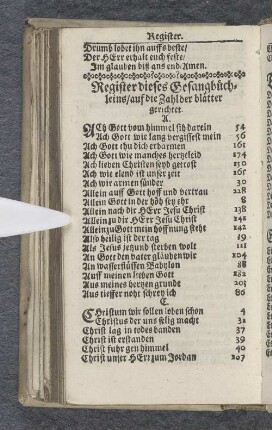 Register dieses Gesangbüchlein / auf die Zahl der blätter gerichtet.