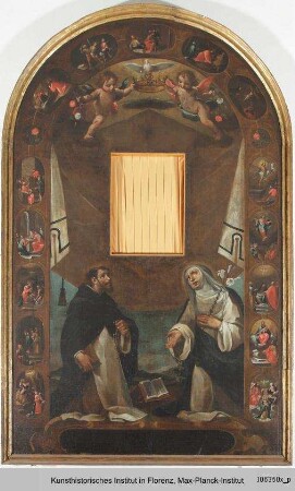 Der Heilige Domenikus und die Heilige Katharina von Siena bei der Andacht vor einem Bild, umgeben von Rosenkranzmysterien