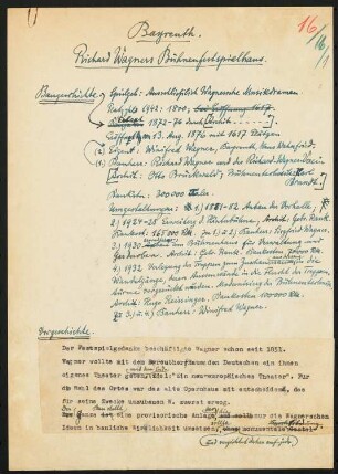 Festspielhaus, Bayreuth: Schriftstück zum Fragebogen für das Handbuch »Das Deutsche Theater«, vierseitiges Dokument