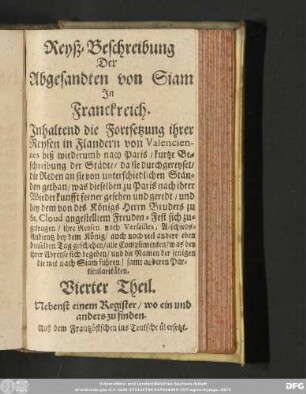 Reyß-Beschreibung Der Abgesandten von Siam In Franckreich.