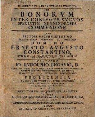 Dissertatio Inauguralis Iuridica De Bonorum Inter Coniuges Suevos Speciatim Memmingenses Communione
