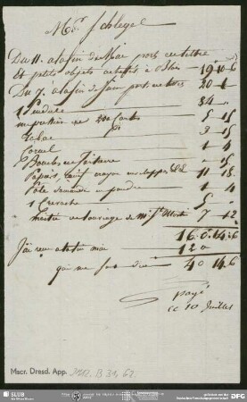 Rechnung von Unbekannt an August Wilhelm von Schlegel, o.O., ohne Datumsangabe
