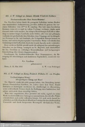 August Wilhelm von Schlegel an Friedrich Wilhelm <IV., Preußen, König>, Bonn, 22.05.1842