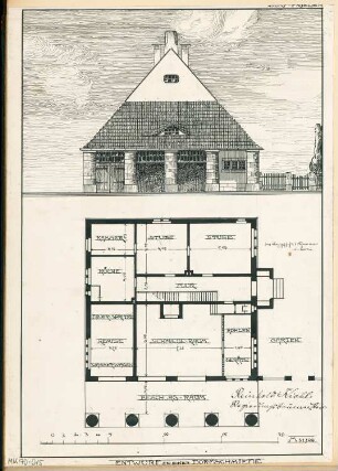 Dorfschmiede mit Spritzenhaus Monatskonkurrenz November 1903: Grundriss Erdgeschoss, Aufriss Vorderansicht 1:100; Maßstabsleiste
