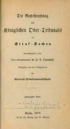 20.1879: Die Rechtsprechung des Königlichen Obertribunals in Strafsachen