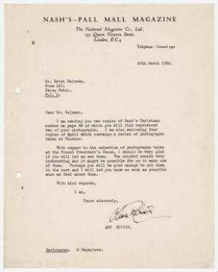 Brief von Oliver Robinson, Nash’s-Pall Mall Magazine, London an Erich Salomon