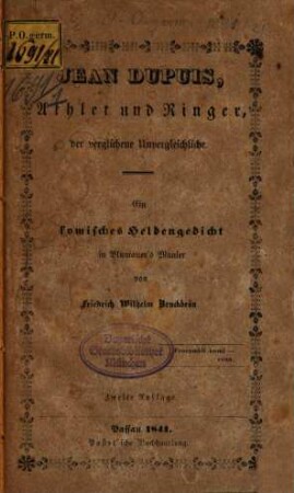 Jean Dupuis, Athlet und Ringer, der verglichene Unvergleichliche : Ein komisches Heldengedicht in Blumauer‛s Manier