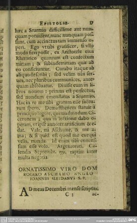 Ornatissimo Viro Dom. Rogero Aschamo Anglo Ioannes Sleidanus S. P.