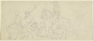 Ein Ritter zieht mit Knechten und vielen Hunden zur Jagd