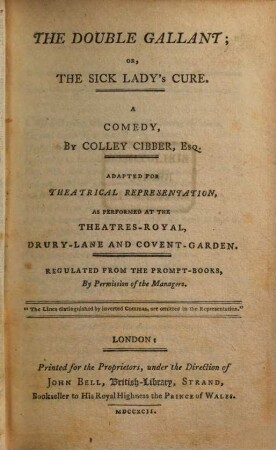 The double Gallant or, the sick lady's cure : a comedy
