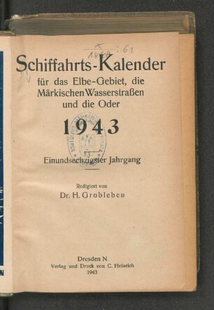 61.1943: Schiffahrts-Kalender für das Elbe-Gebiet und die Märkischen Wasserstrassen