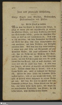 Zwei und zwanzigste Abtheilung. Einige Regeln vom Waschen, Seifemachen, Fleckeausmachen und Färben