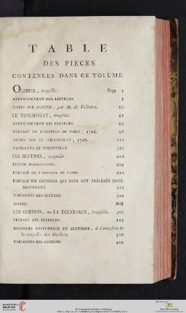 Table des pieces contenues dans ce volume