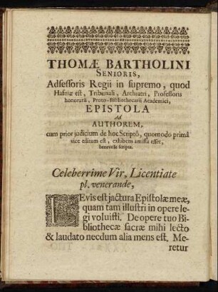 Thomæ Bartholini Senioris [...] Epistola Ad Authorem [...]