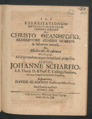 Exercitationum Anti-Calvinianarum Vigesima Secunda De Christo Theanthrōpō, Redemptore Generis Humani, & Salvatore mundi