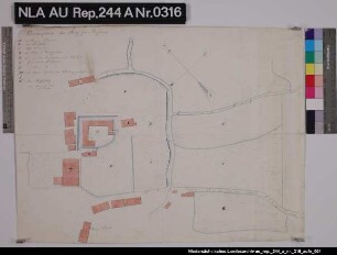 Die Burg von PEWSUM mit allen Gebäuden, Landflächen und Wegen Kolorierte Zeichnung von S. F. Reuter Papier Format 55,0x41,2 M 1:425