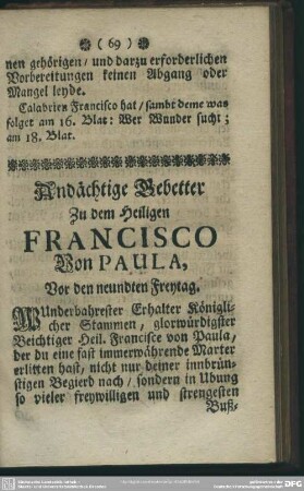 Andächtige Gebetter Zu dem Heiligen Francisco Von Paula, Vor den neundten Freytag