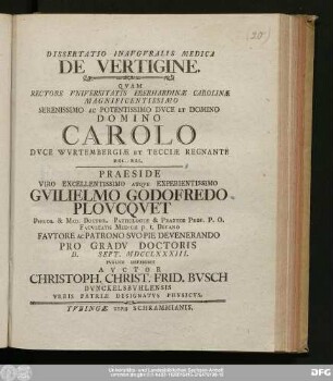 Dissertatio Inavgvralis Medica De Vertigine