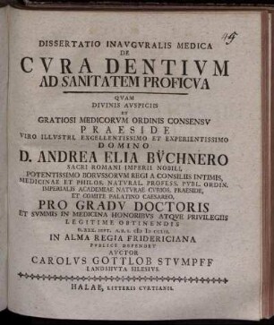 Dissertatio Inavgvralis Medica De Cvra Dentivm Ad Sanitatem Proficva