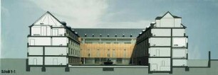 Entwurf zur Erweiterung des Ernst-von-Hülsen-Hauses (1. Preis des Architektenwettbewerbs, Nr. 27) — Schnitt 1-1 (Nord-Süd-Richtung)