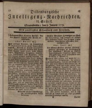 II. Stück. Sonnabends: den 9. Januar 1779.