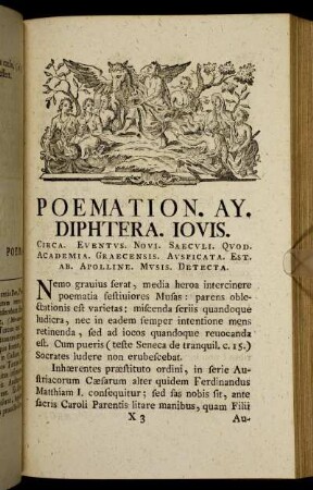 Poemation. AY. Diphtera. Iovis. Circa. Eventvs. Novi. Saecvli. Qvod. Academia. Graecensis. Avspicata. Est. Ab. Apolline. Mvsis. Detecta.
