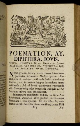 Poemation. AY. Diphtera. Iovis. Circa. Eventvs. Novi. Saecvli. Qvod. Academia. Graecensis. Avspicata. Est. Ab. Apolline. Mvsis. Detecta.
