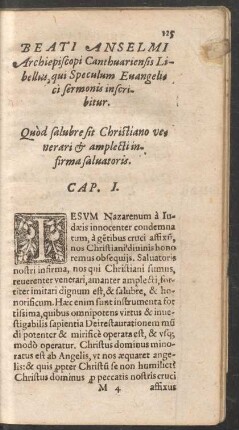 Beati Anselmi Archiepiscopi Canthuariensis Libellus, qui Speculum Evangelici sermonis inscribitur.